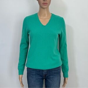 Lands' End 100% Cashmere V-neck Sweater Bright Emerald Green Women's Size S